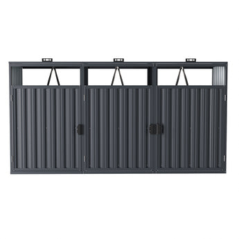 Outdoor metal storage shed, front view with three door sections and central latch