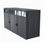 Outdoor metal storage shed, side view with double doors and vertical paneling