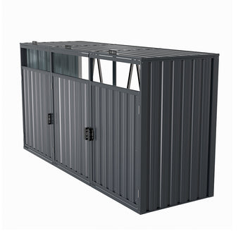 Outdoor metal storage shed, side view with double doors and vertical paneling
