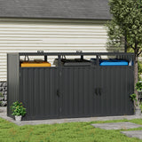 Outdoor metal garbage can storage shed, double doors closed with empty bin area