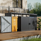 Outdoor metal storage shed, double doors open with yellow bin and recycling labels