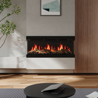 Black wall-mounted electric fireplace insert with orange flames and faux logs