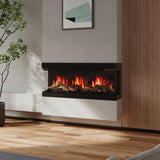 Black electric fireplace insert with orange flame effect and faux logs, open front