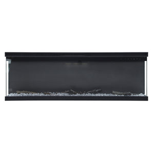 Electric fireplace insert with clear glass and silver ice-like crystals inside (no flames)