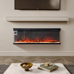 70/80 inch electric fireplace insert with glass front and glowing orange flames