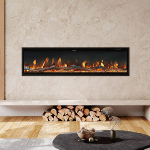 Black electric fireplace inset on stone wall with orange flame display and logs