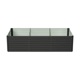 Black raised garden bed with ribbed sides and pale inner liner, wide rectangular view
