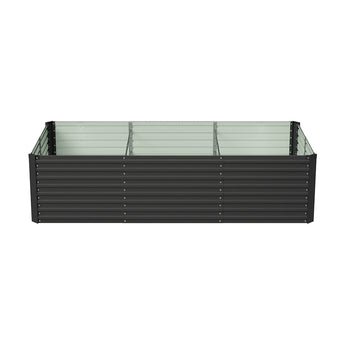Black raised garden bed with ribbed sides and pale inner liner, wide rectangular view
