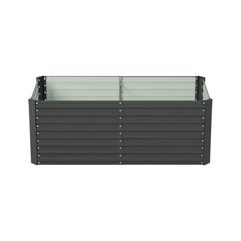 Black steel raised garden bed planter box with open top and ribbed side panels