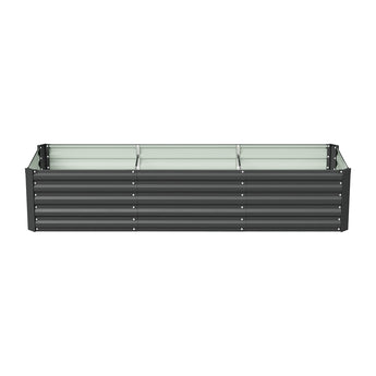 Black rectangular steel planter bed with open interior and horizontal slatted side walls