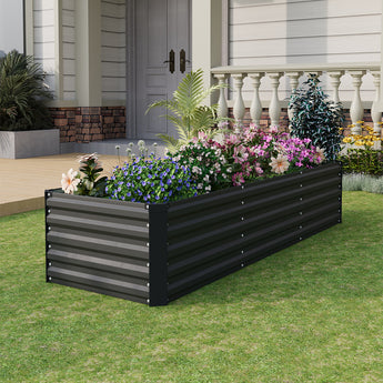 Black steel rectangular raised garden bed planter box with slatted sides, outdoor use