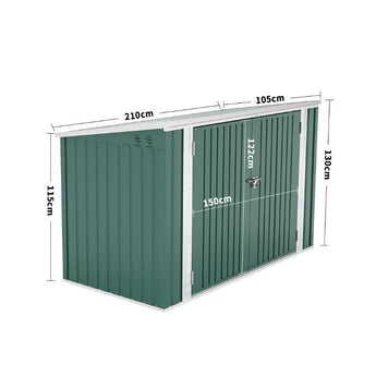 Green lockable motorbike shed, 210cm wide, 105cm deep, 130cm high