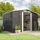 Black steel garden shed with open front door, gabled roof vents, and storage shelves