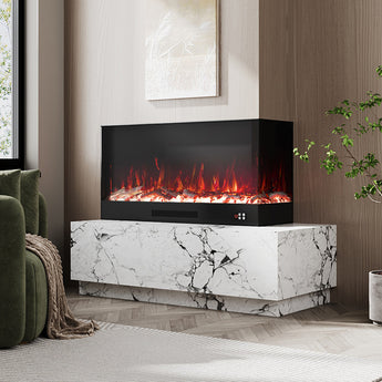 Recessed electric fireplace with black firebox and marble surround, red flame effect