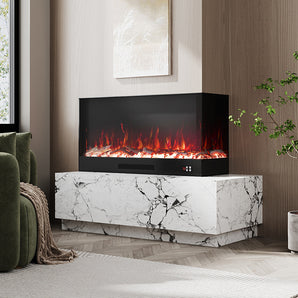 Recessed electric fireplace with black firebox and marble surround, red flame effect