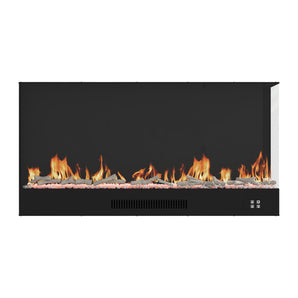 Black electric fireplace with flame bed and control buttons at the base