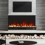 Recessed electric fireplace with glowing flames and black glass front