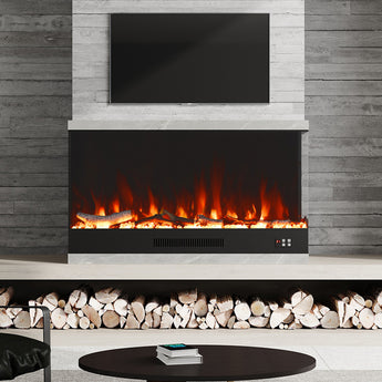 Recessed electric fireplace with glowing flames and black glass front