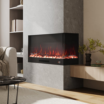 Recessed electric fireplace with black firebox, stone surround and red flame glow