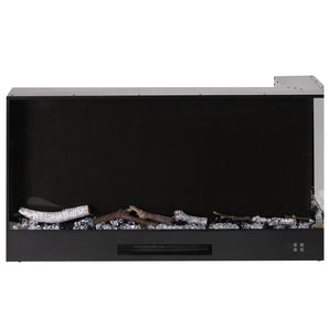 Black electric fireplace insert with faux logs and glowing ember bed