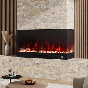 Recessed electric fireplace with red flame effect and black front frame