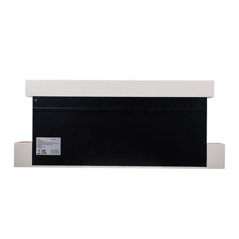 Wall-mounted electric fireplace interior panel with white top trim and black screen