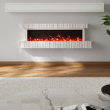 Wall-mounted electric fireplace with white brick mantel and red flame display