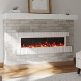 Wall-mounted electric fireplace with white stone brick frame and bright red flames