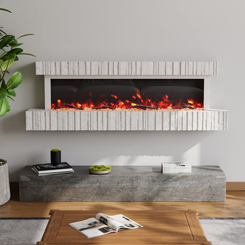 Wall-mounted electric fireplace with white stone surround and visible flame bed