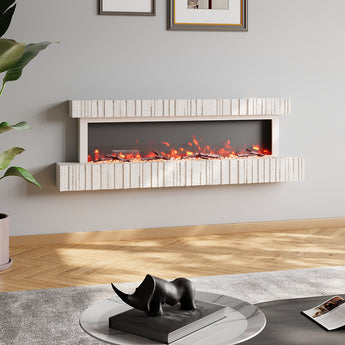 Wall-mounted electric fireplace with white brick surround and glowing flame effect