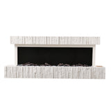 Wall-mounted electric fireplace with white brick surround, black viewing window, no flames