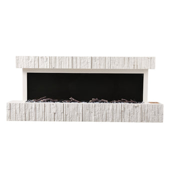 Wall-mounted electric fireplace with white brick surround, black viewing window, no flames