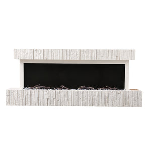 Wall-mounted electric fireplace with white brick surround, black viewing window, no flames