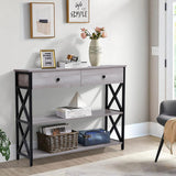 Rustic grey narrow console table with 2 drawers, black metal X supports, and open shelves