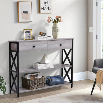 Rustic grey narrow console table with 2 drawers, black metal X supports, and open shelves