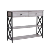Rustic grey console table with two drawers, black X-frame sides, and two open shelf levels