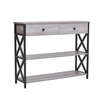 Rustic grey console table with two drawers, black X-frame sides, and two open shelf levels