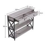 Dimensions for 100 cm narrow rustic grey console table with 2 drawers, 80 cm height