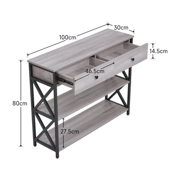 Dimensions for 100 cm narrow rustic grey console table with 2 drawers, 80 cm height