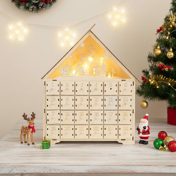Wooden Christmas advent calendar with glowing LED lights and numbered doors
