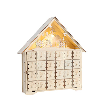 Wooden Christmas advent calendar with glowing LED light scene and numbered doors