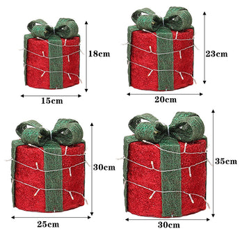 Four LED gift box size diagram: red and green boxes, dimensions