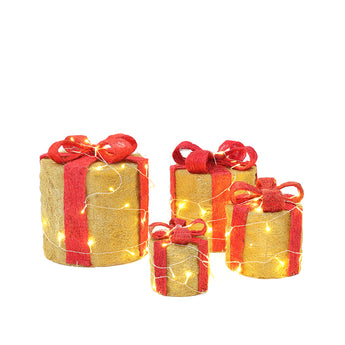 LED Christmas gift box decorations, beige boxes with red ribbon bows, glowing lights