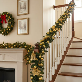Gold holiday garland with pine greenery, gold baubles, and warm LED lights on staircase rail