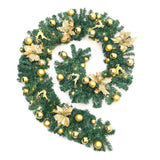 Gold holiday wreath with pine branches, gold ornaments, and small warm LED lights