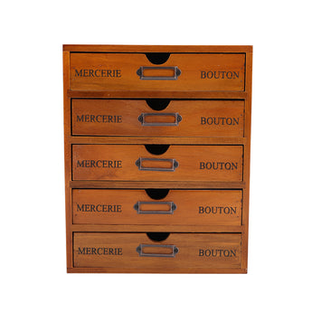 Rustic wooden 5-drawer organizer box front view with metal drawer handles
