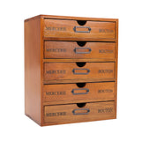 Rustic wooden 5-drawer organizer box, 4 visible drawers with metal handle pulls