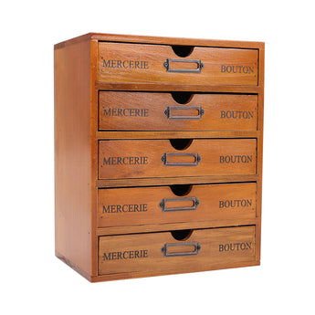 Rustic wooden 5-drawer organizer box, 4 visible drawers with metal handle pulls