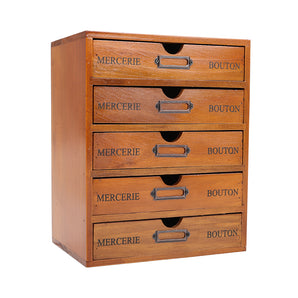 Rustic wooden 5-drawer organizer box, 4 visible drawers with metal handle pulls