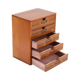 Rustic wooden 5-drawer organizer box with drawers pulled open, metal handles